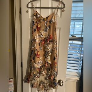 Floral Embroidered High Low Dress - Tan
